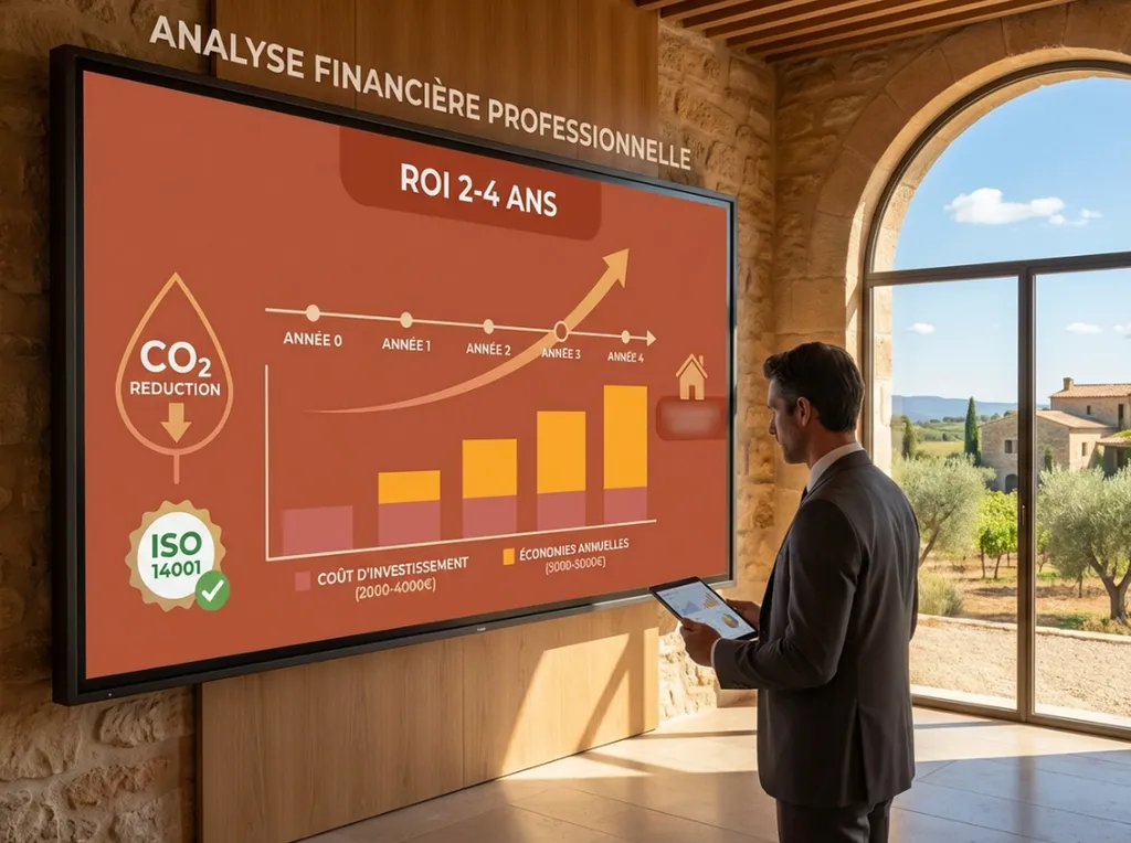 ROI contrôle d'accès couplé énergie : investissement 2 000-4 000 € HT, économies annuelles 3 000-5 000 €, retour sur investissement 2-4 ans, réduction empreinte carbone CO₂, conformité ISO 14001 et label Bâtiment Durable, installation ASAP Network Vauclus