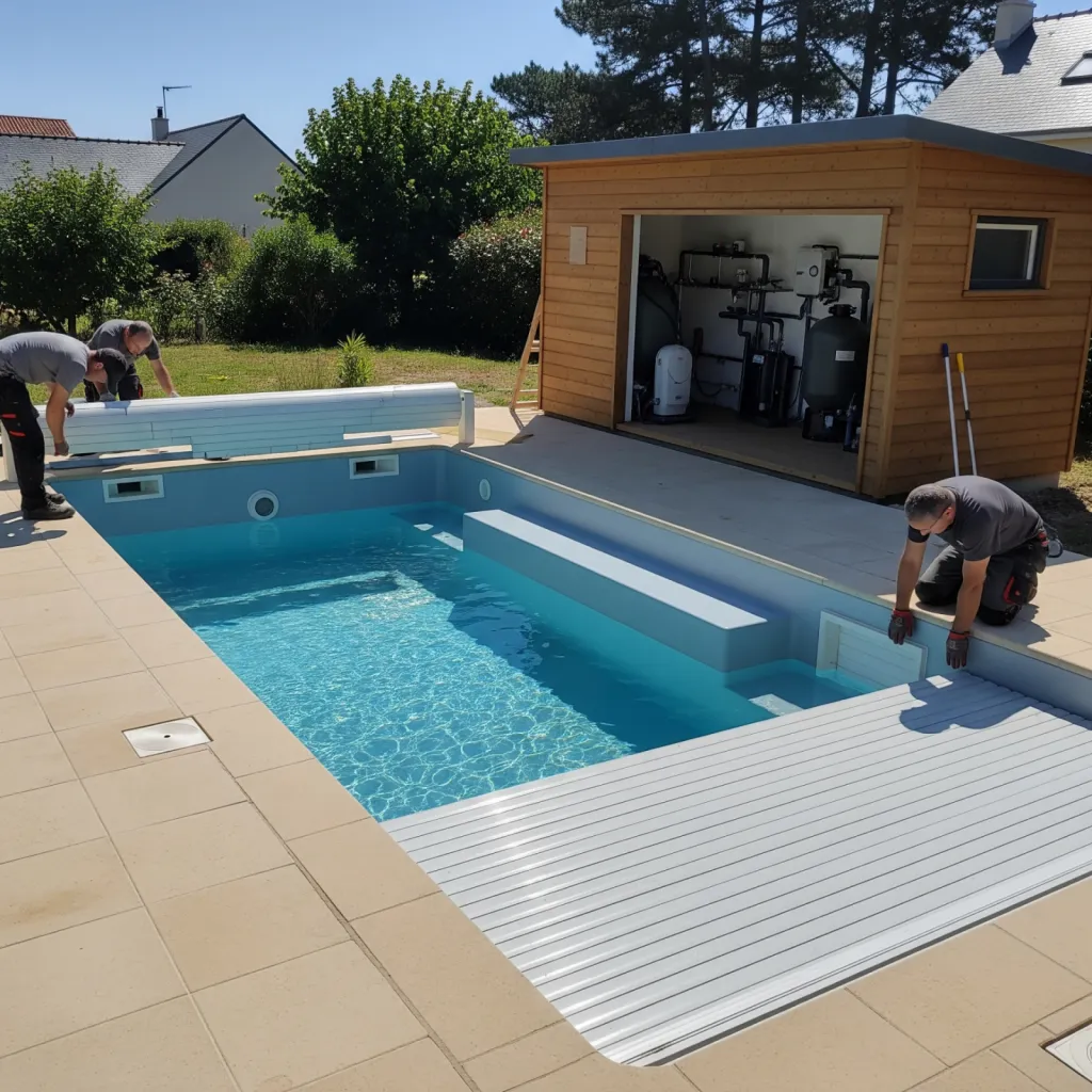Pose d’un volet immergé motorisé intégré dans la structure d’une piscine coque rectangulaire avec banquette à La Teste-de-Buch et local technique avec Aloha piscines