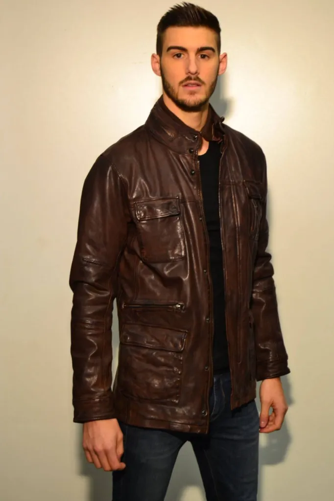 veste saharienne cuir marron homme