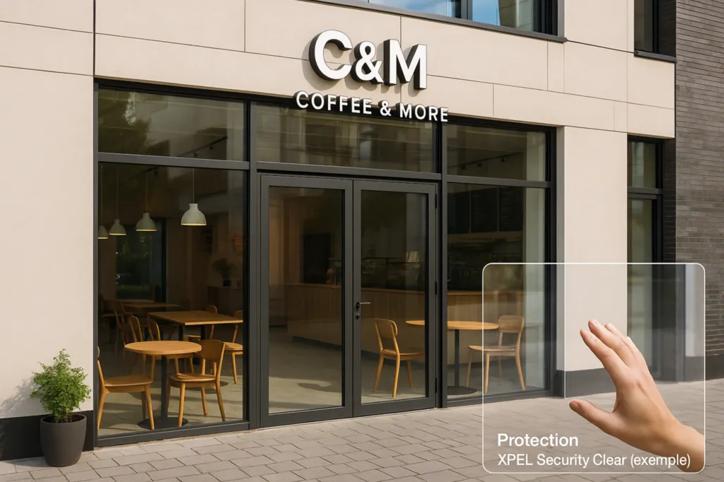 Films de protection XPEL pour vitrines de boutiques, cafés et commerces