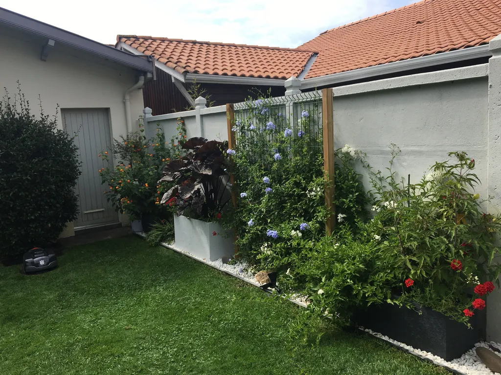 Réaménagement de plate-bande avec jardinières, bordures en ardoise et plantes vivaces à Sanguinet dans les Landes