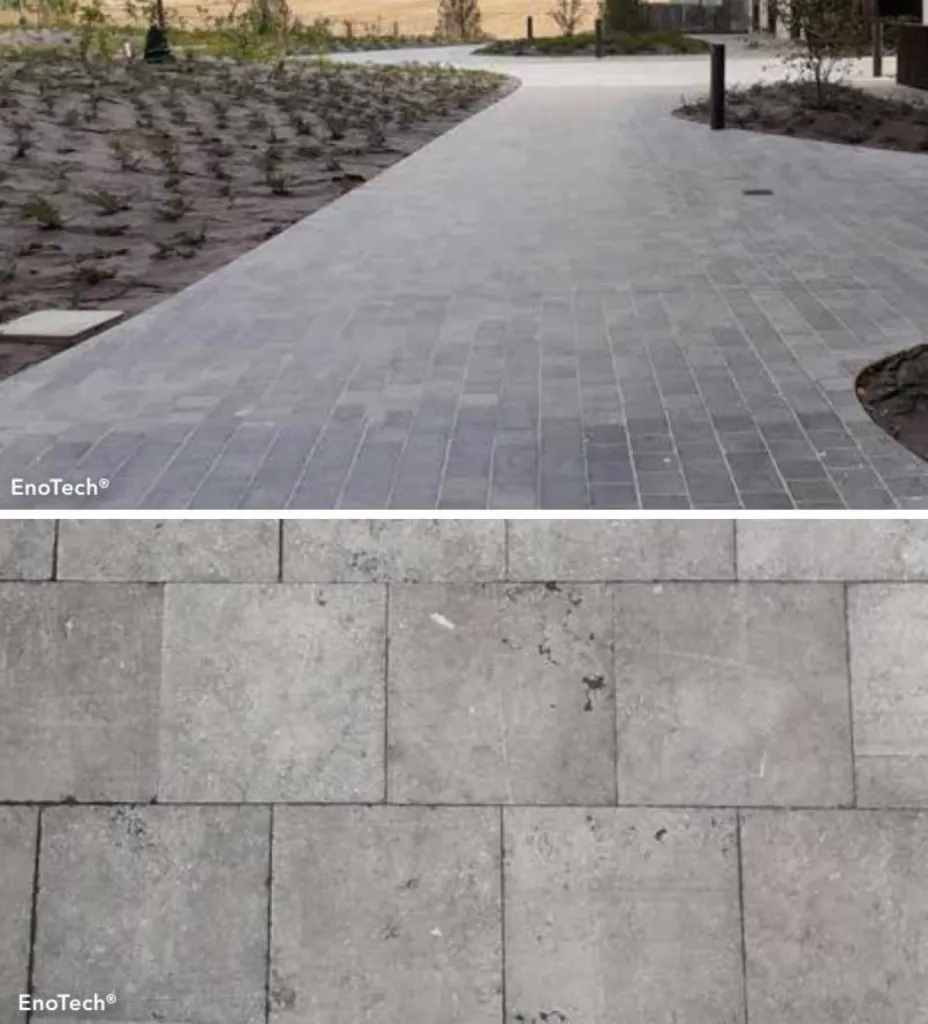 Pavés EnoTech® 15x15 ou 20x20cm d’aspect lisse et gris clair, sont des produits 6 faces sciées.
