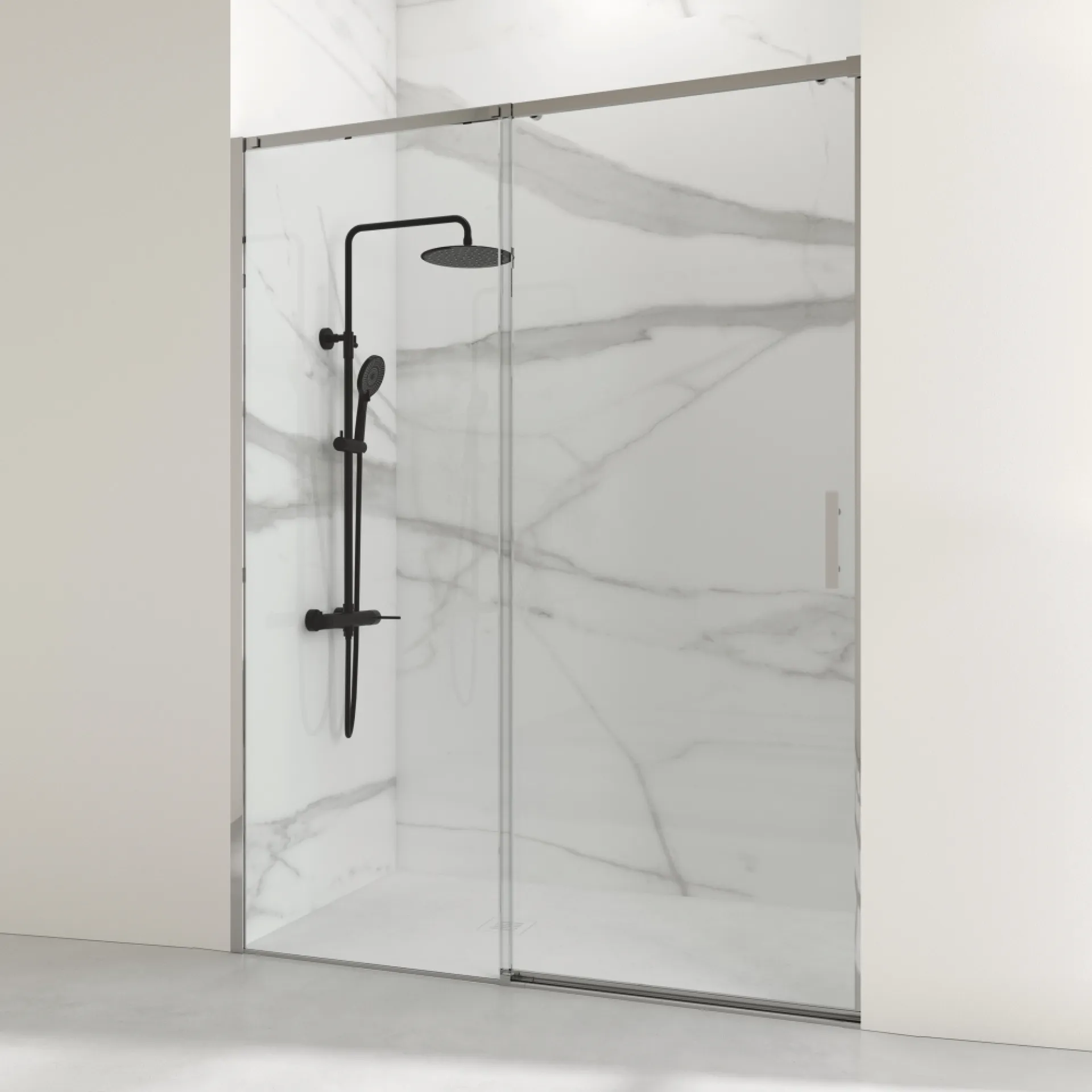 Découvrez la paroi de douche coulissante HELIOS avec verre sécurit anticalcaire, idéale pour salle de bain moderne à Franqueville Saint Pierre proche de Rouen.