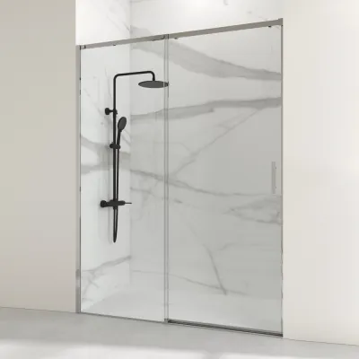 Découvrez la paroi de douche coulissante HELIOS avec verre sécurit anticalcaire, idéale pour salle de bain moderne à Franqueville Saint Pierre proche de Rouen.