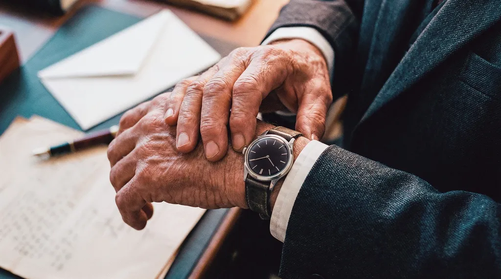 Dirigeant consultant sa montre, symbole de l'anticipation et de la préparation de la retraite — accompagnement patrimonial indépendant à Strasbourg et dans le Bas-Rhin