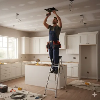 un électricien qui branche une cuisine avec îlot à Bordeaux