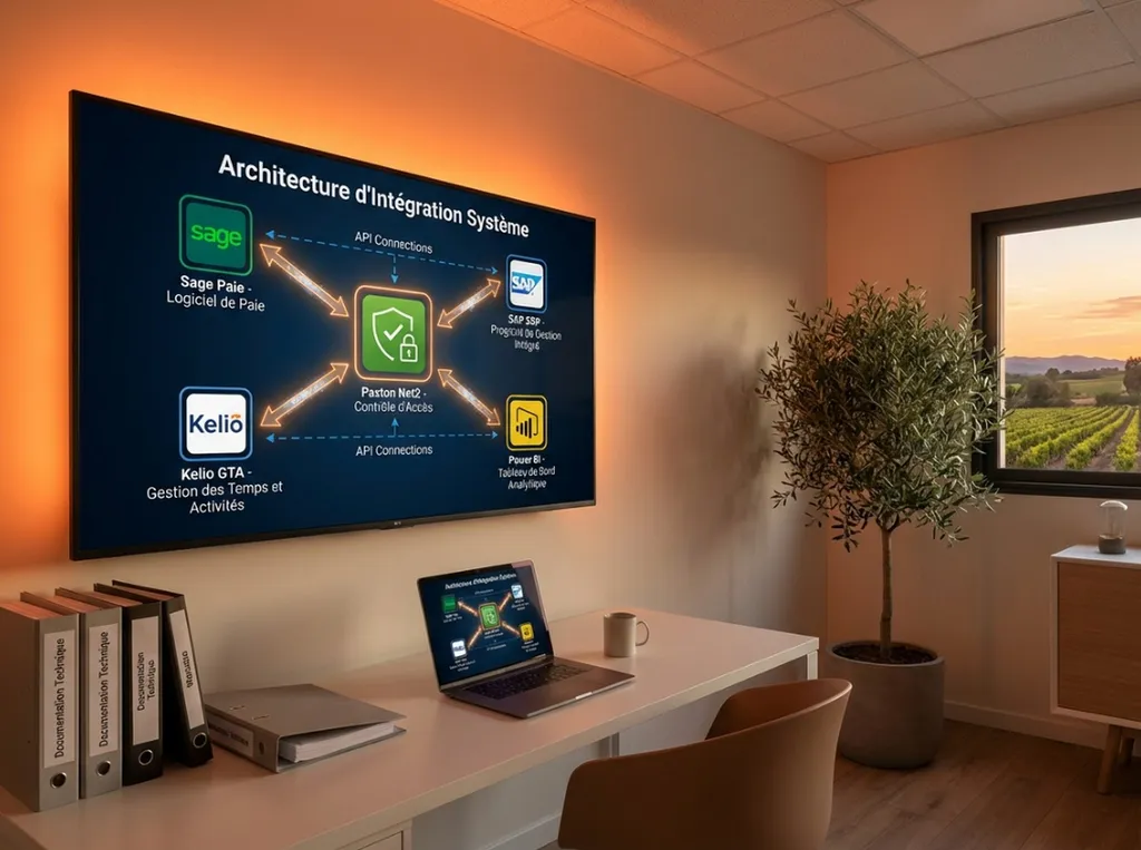 Architecture intégration Paxton Net2 avec logiciels paie (Sage, Cegid, Silae), GTA (Kelio, Bodet), ERP (SAP, Odoo), dashboards Power BI