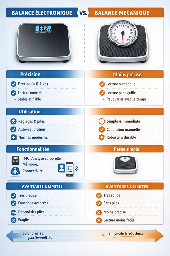 Comparatif entre une balance médicale électronique et une balance mécanique, illustrant les différences de précision, d’utilisation et de fonctionnalités à Tours