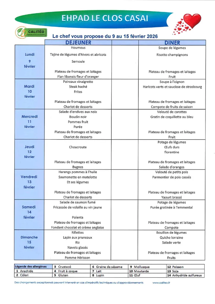 Menu du lundi 09 au dimanche 15 février 2026