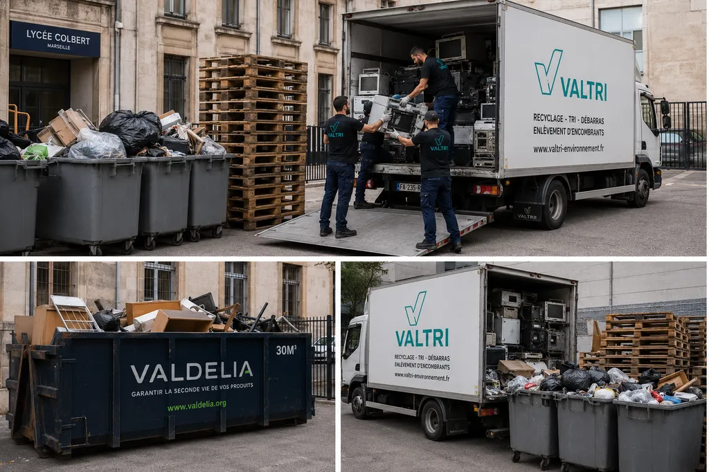 Valtri Environnement a réalisé au Lycée Colbert à Marseille une évacuation complète d’encombrants avec 6 agents, camion hayon et benne VALDELIA. Tri, recyclage et réemploi du mobilier ont permis une gestion responsable et durable des déchets.