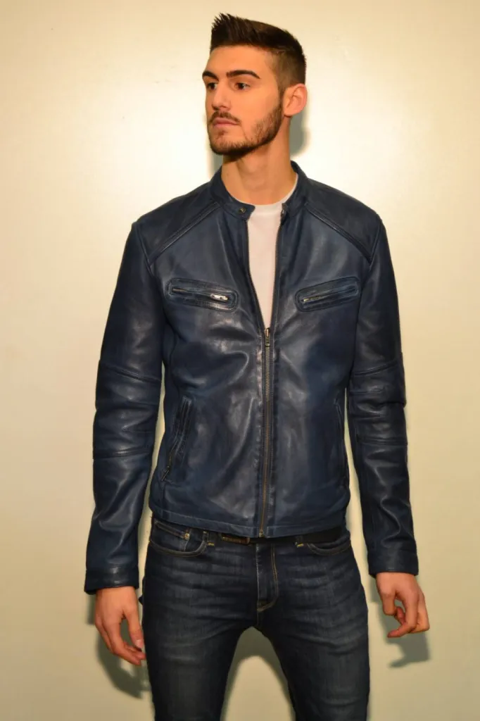 blouson cuir bleu Giovanni homme