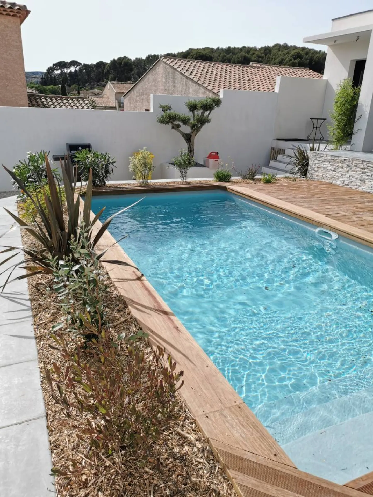 Aménagement extérieur contemporain d’un jardin autour d’une piscine au Rove