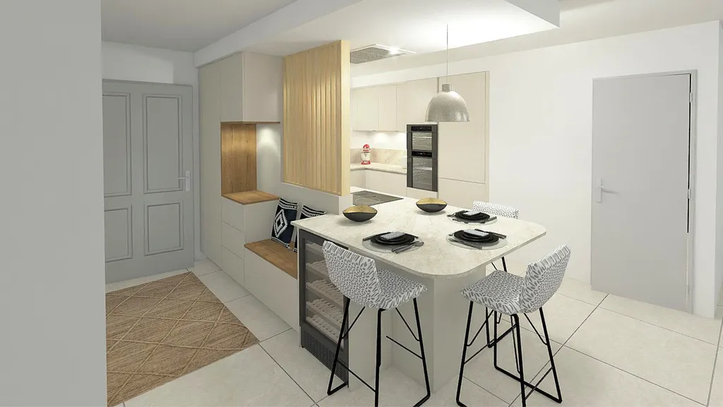 Modélisation 3D d'une cuisine et d'un meuble d'entrée pensé pour créer un ensemble uniforme près de Toulouse
