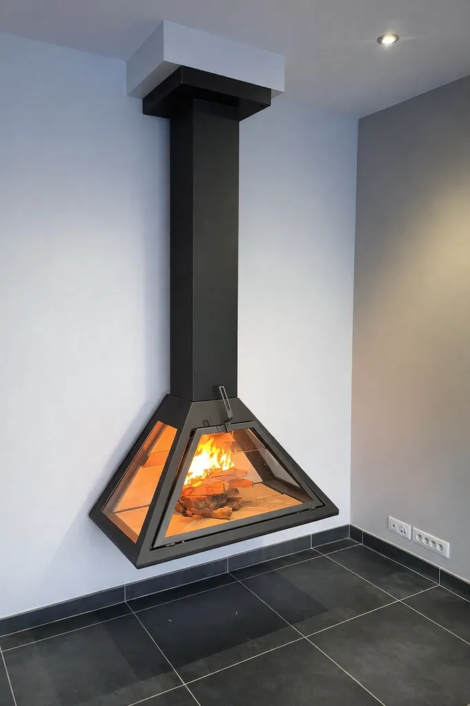 Cheminée métallique suspendue 180° Vyrosa Altéa Fermée sur un mur blanc avec un sol en carreaux gris noir 