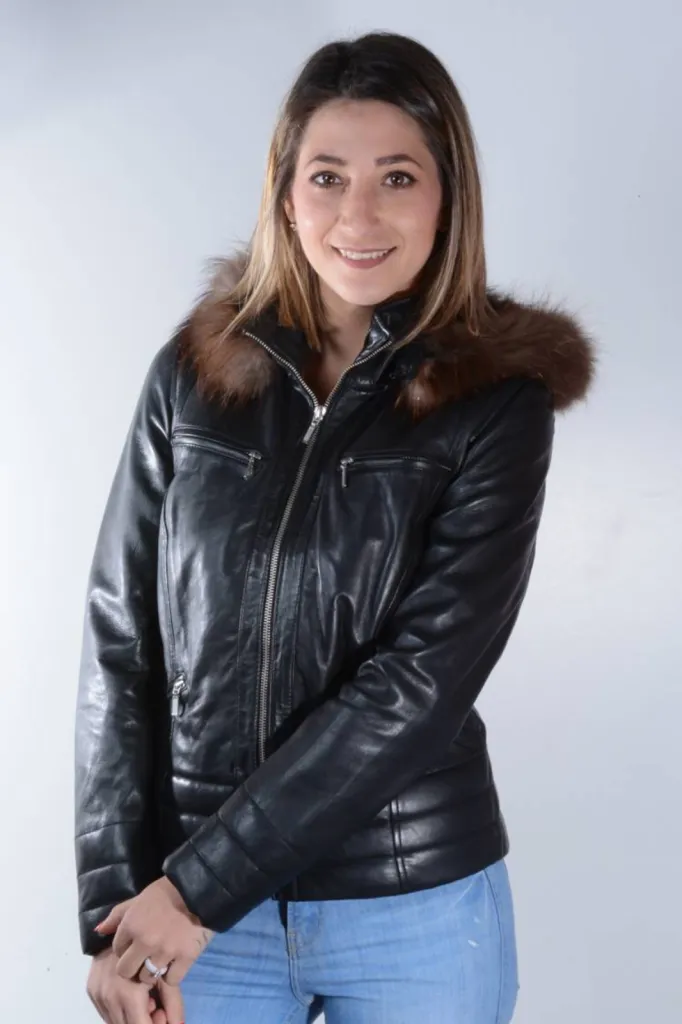 blouson capuche cuir noir Black Lines femme