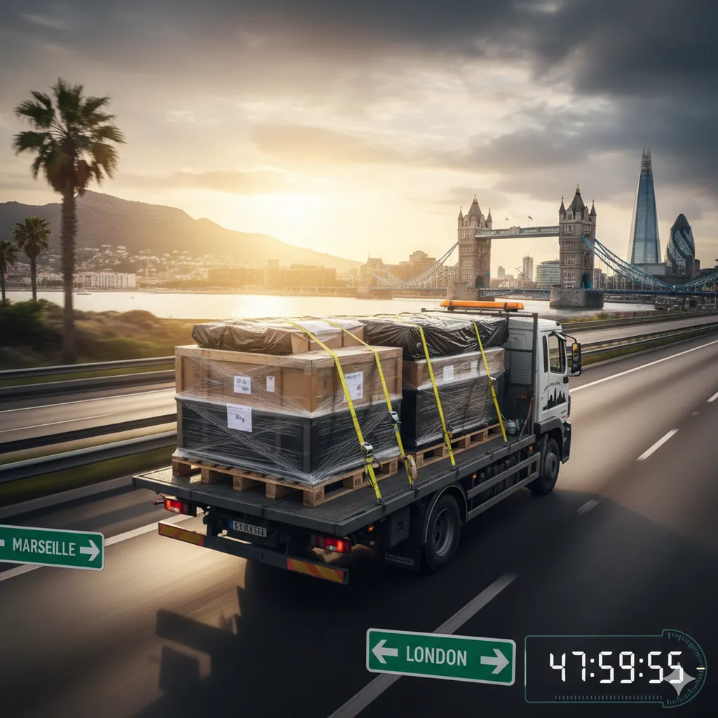 Transport express de palettes 800 kg EUR/EPAL 1 entre Marseille et Londres en moins de 48h