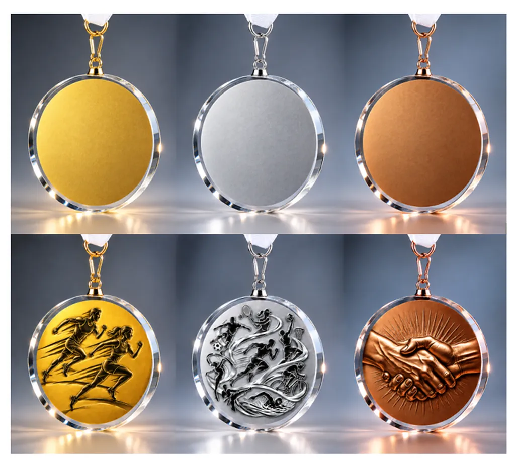 Médailles sportives en verre personnalisées – Or, Argent et Bronze – Ø 70 mm