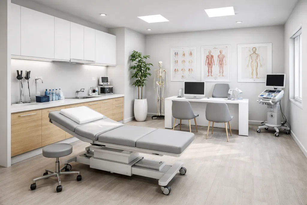 Cabinet médical équipé avec table d’examen, lampe médicale et matériel de diagnostic à Paris