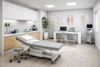 Cabinet médical équipé avec table d’examen, lampe médicale et matériel de diagnostic à Paris