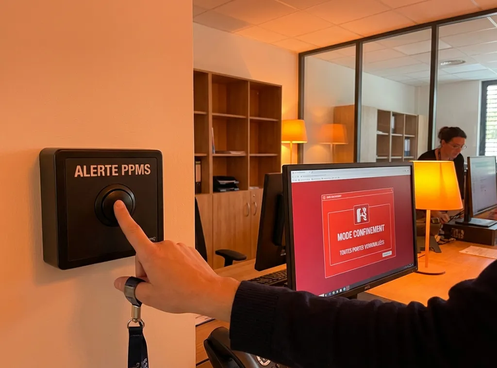 Déclencheur manuel PPMS noir bouton d'alerte attentat-intrusion, activation protocole confinement, interface logicielle contrôle d'accès mode verrouillage instantané toutes portes