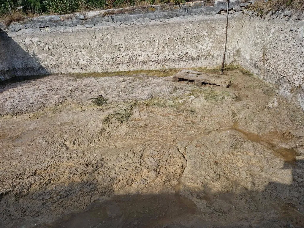 Assèchement de la vase au fond d'un bassin d'ornement proche de Pertuis