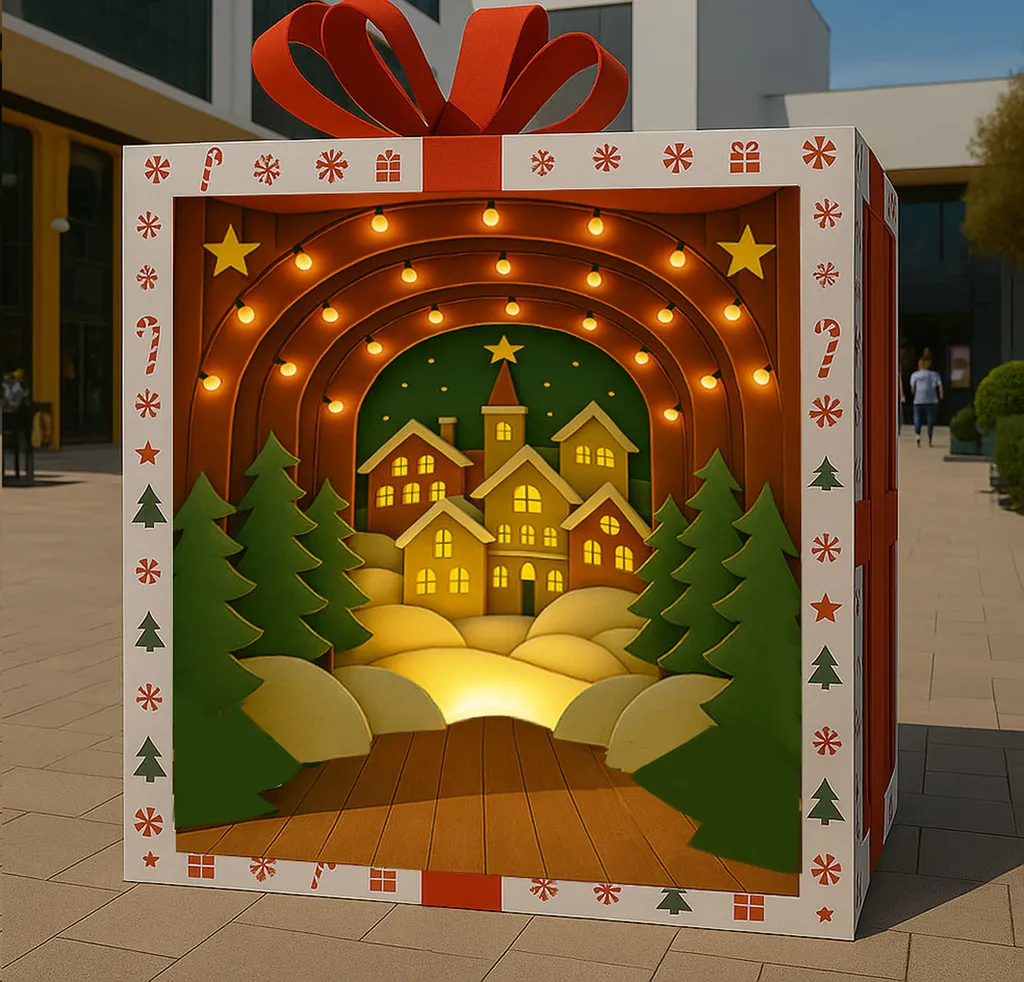 Creation cadeau geant avec immersion pour décor de Noël centre commercial Toulon