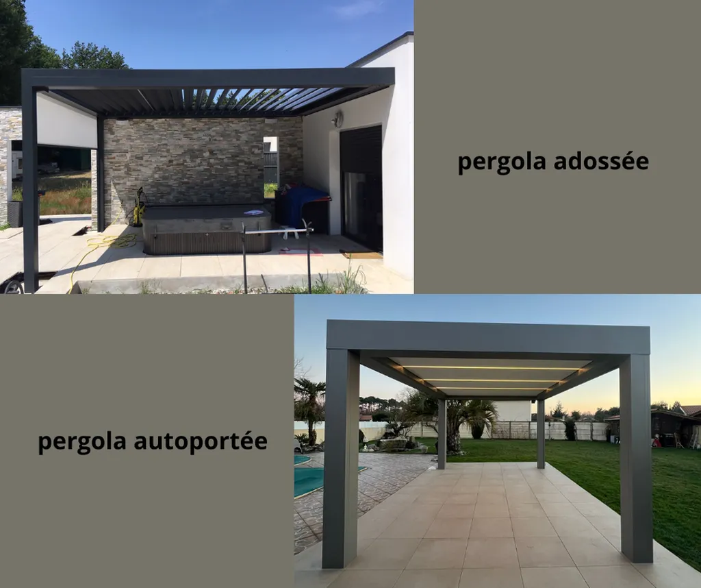 Pergola adossée en aluminium à lames orientables et pergola autoportée sur Bordeaux et le Bassin d'Arcachon