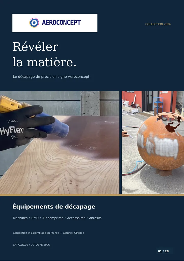 Catalogue Aeroconcept 2026 — Révéler la matière : aérogommeuses, unités mobiles et équipements de décapage.