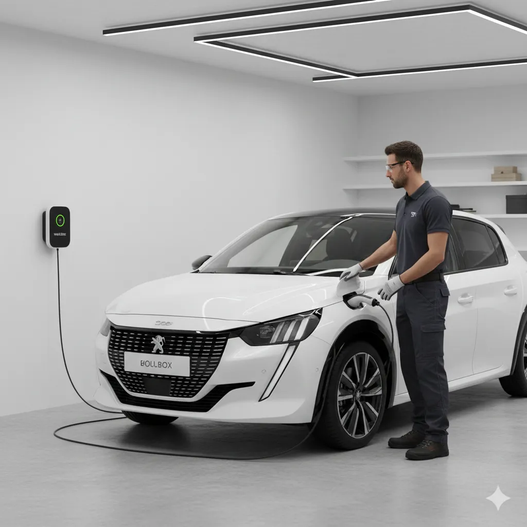 Une Peugeot e-208 blanche en charge sur une borne Wallbox installée sur le mur d'un garage moderne, avec le logo Peugeot visible.