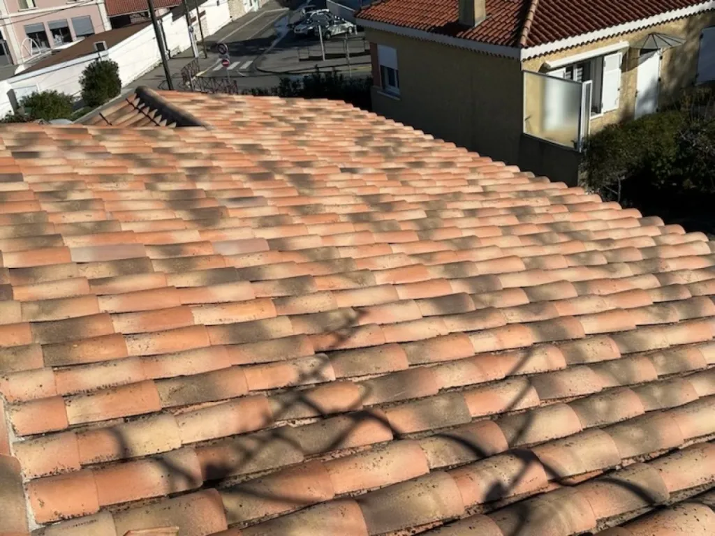 Intervention de couvreur pour un nettoyage de tuiles de toiture de maison près de Martigues 