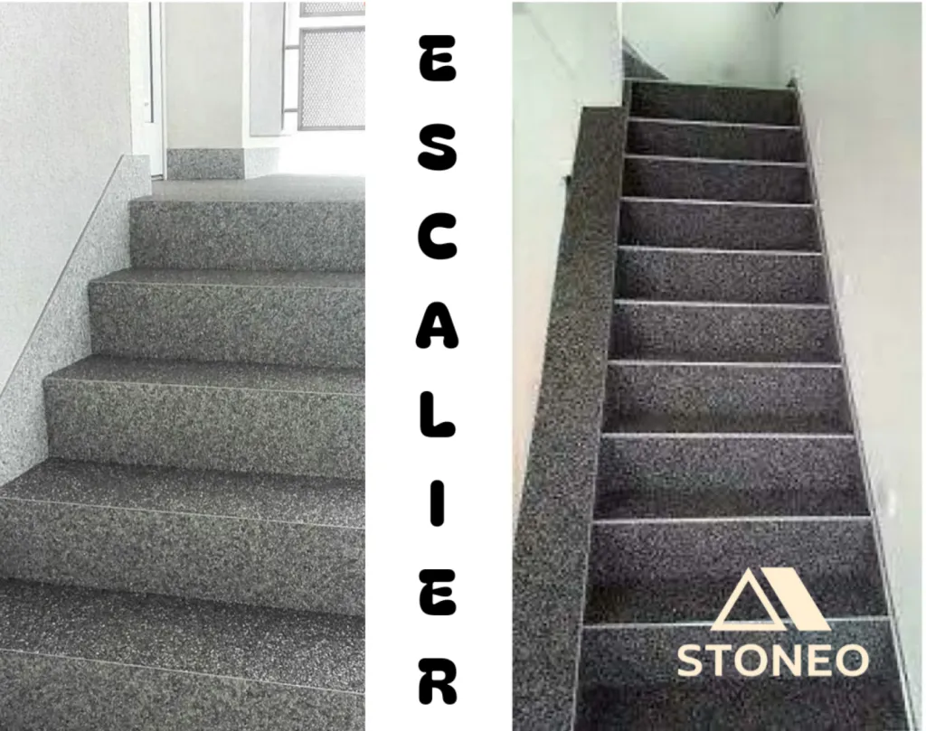 Dans l'agglomération Grenobloise la moquette de pierre se décline en intérieur pour des marches agréables au toucher, facile à entretenir et résistantes