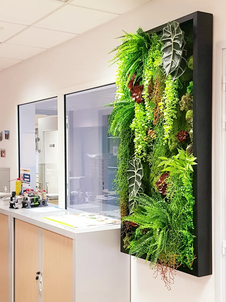 Réalisation de cadres muraux végétaux dans les bureaux d'une entreprise pour végétaliser l'espace de travail à Feillens, près de Mâcon