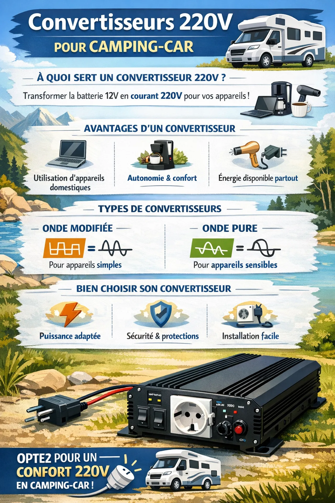 Convertisseurs 220V pour camping‑cars : améliorez votre autonomie électrique avec une installation professionnelle en Dordogne. Confort, sécurité et performance pour voyager sereinement en camping‑car, van ou fourgon aménagé.