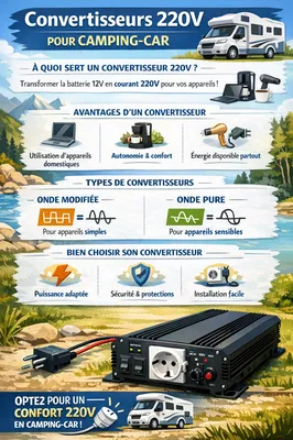 Convertisseurs 220V pour camping‑cars : améliorez votre autonomie électrique avec une installation professionnelle en Dordogne. Confort, sécurité et performance pour voyager sereinement en camping‑car, van ou fourgon aménagé.