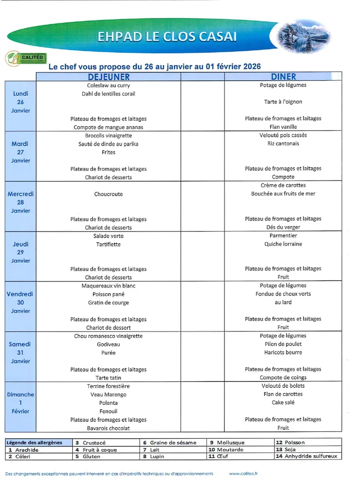 Menu du lundi 26 janvier au dimanche 1er février 2026
