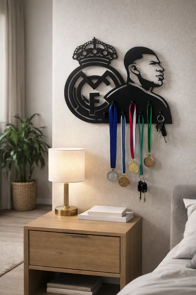 Support Médailles et Porte-Clés Design Football MBappé Style Real Madrid – Décoration Murale Métal Noir – Fabrication Artisanale à Villeneuve-de-Rivière (31) Occitanie – Livraison dans toute la France