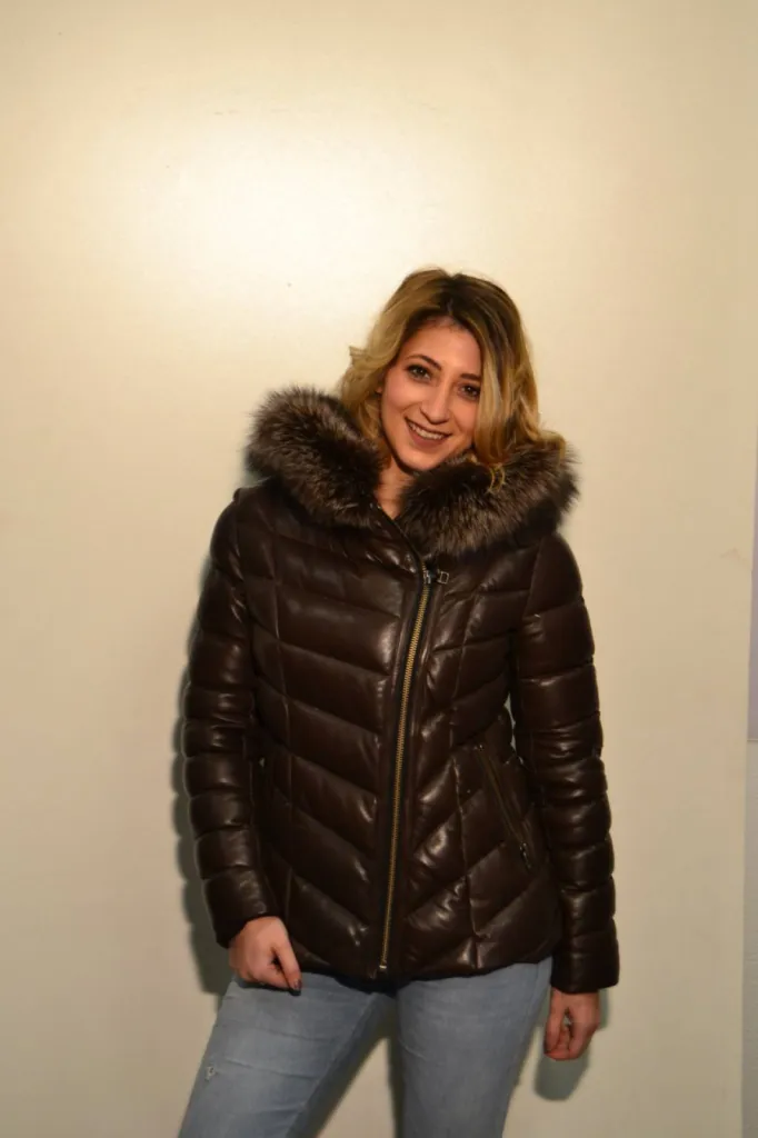 doudoune capuche cuir marron femme