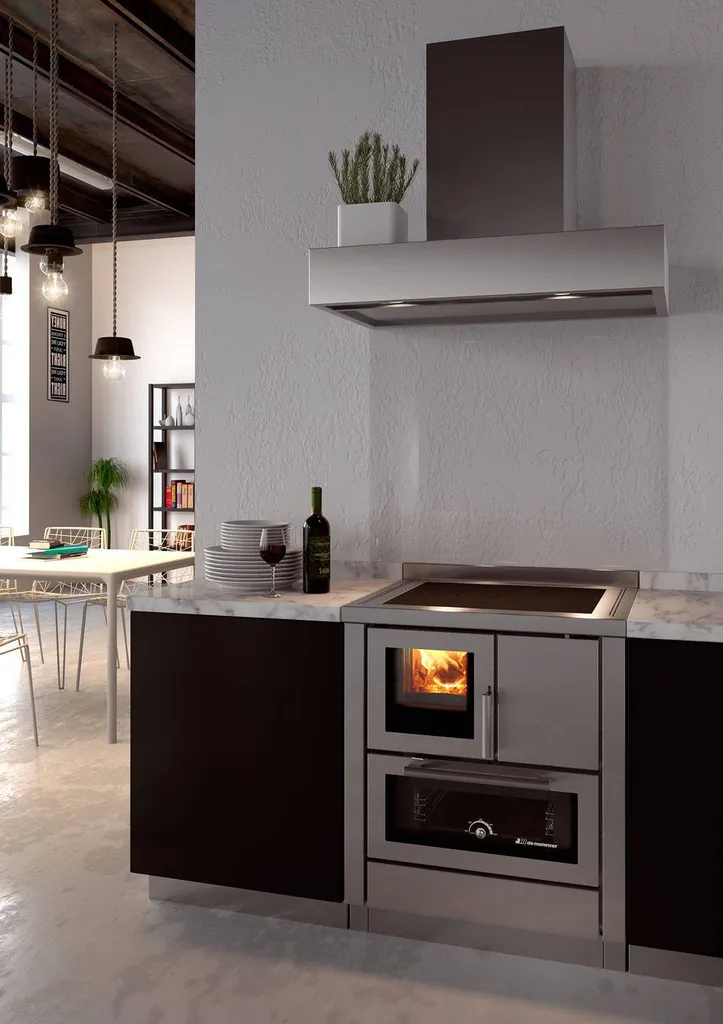 Cuisinière bois inox avec flammes visible 