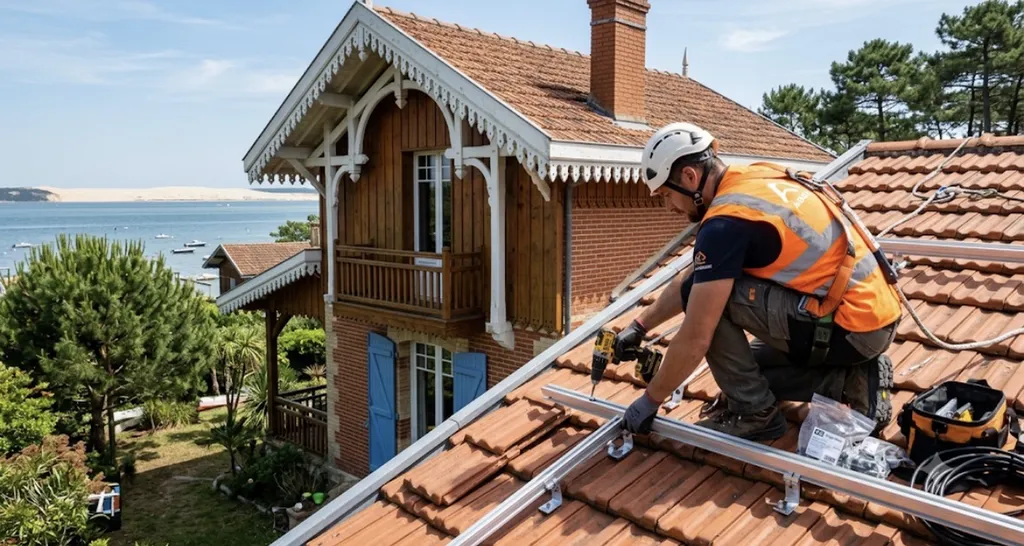 Arcachon 33120 en Gironde, une consommation de 7 563 kWh, installation complète d'un pack de panneaux photovoltaïques de 6 kWc incluant 12 modules Jinko Solar de 500 kWc et 6 micro-onduleur enphase. 