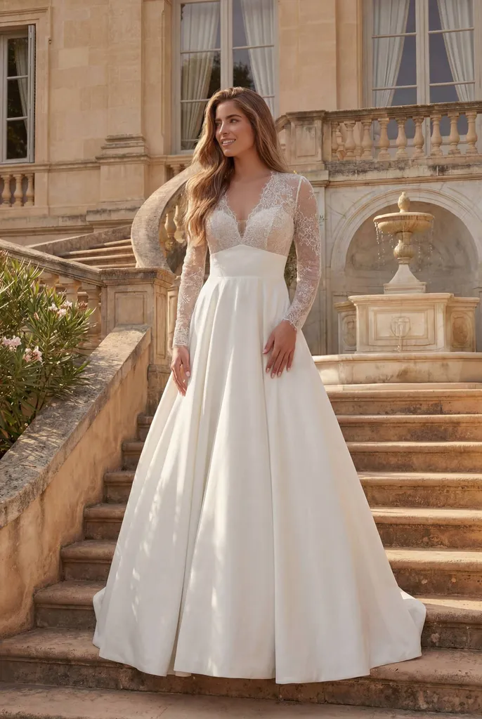 Robe de mariée en satin avec manches en dentelle chantilly à Aix-en-Provence 