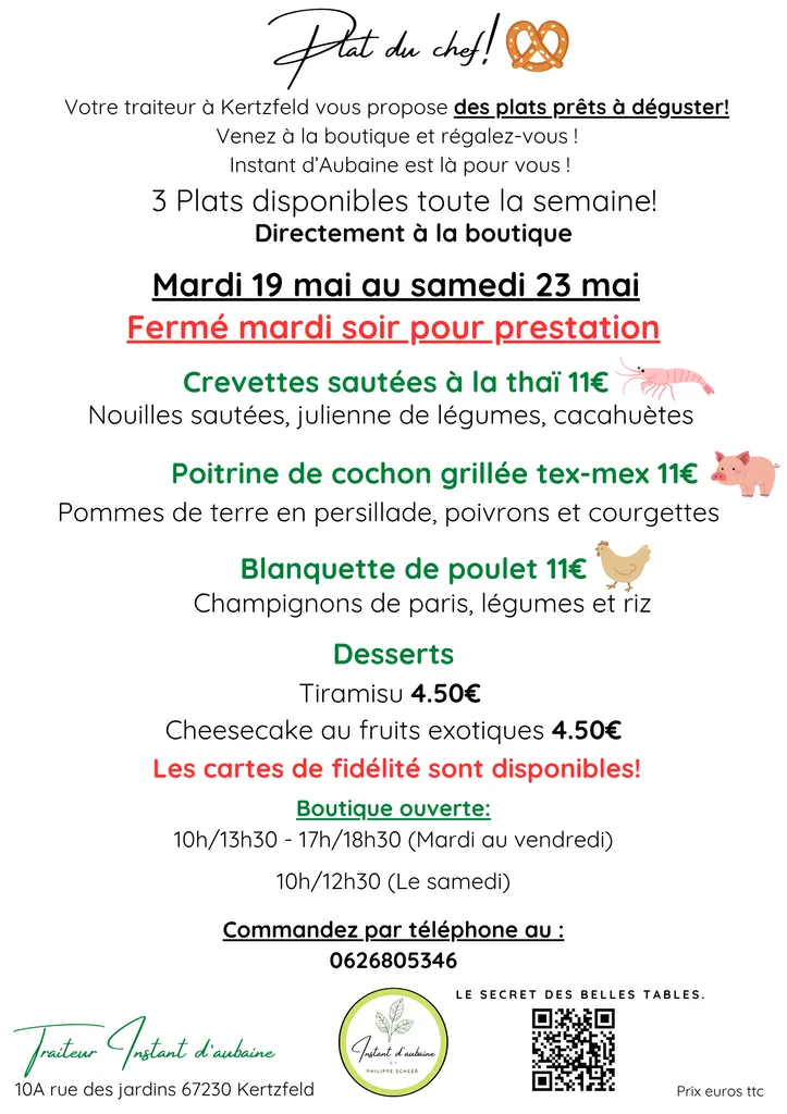 Plats du jour à Kertzfeld du 19 au 23 mai – Traiteur proche de Benfeld