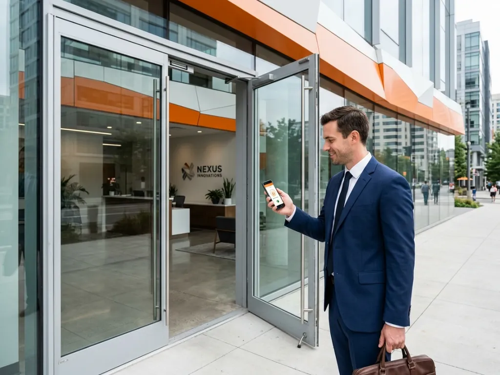 Manager en déplacement ouvrant la porte de son entreprise à distance via l'application mobile Paxton Entry — interphone vidéo SIP avec flux H.264 en temps réel