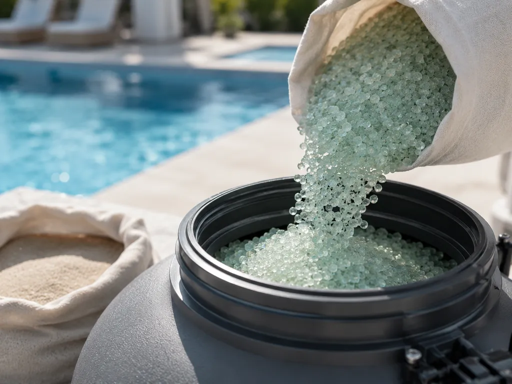 Remplacement du sable par du verre filtrant sur une piscine à Bouc-Bel-Air : eau plus claire et contre-lavages espacés grâce à un média neuf près d'Aix-en-Provence