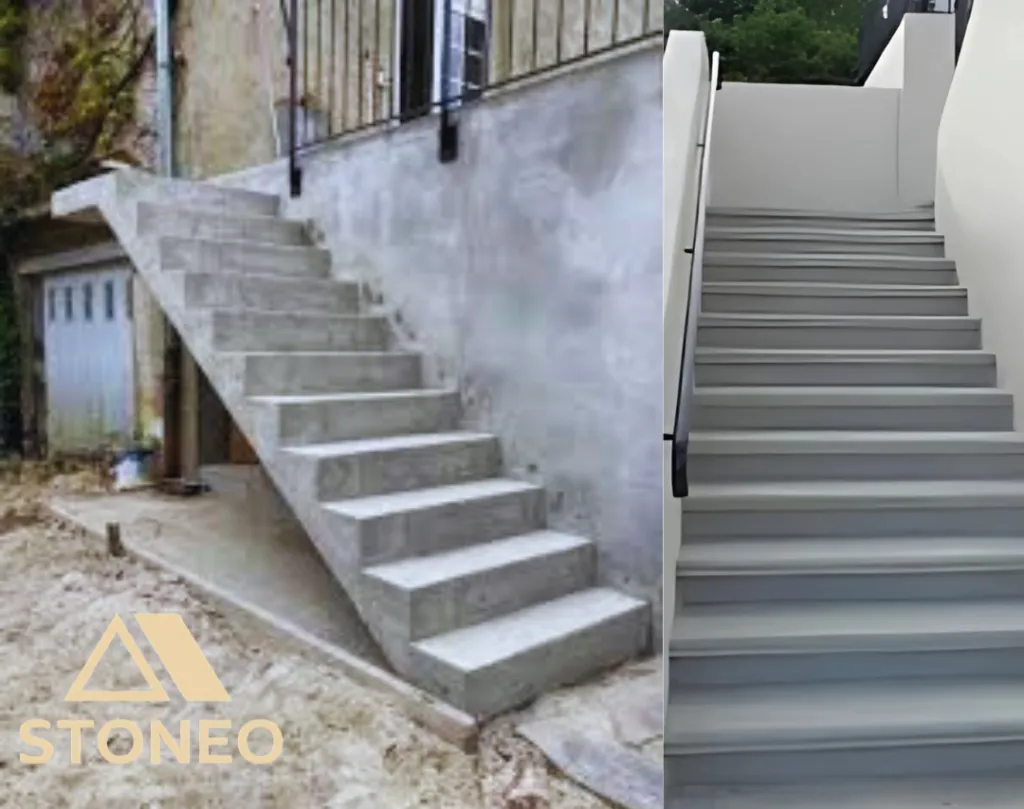 A proximité de Montélimar, à La Coucourde, Marsanne, Sauzet optez pour un escalier en moquette de pierre. Contactez STONEO pour habiller de marbre vos marches en béton. Conseil et expertise, devis rapide dans le 26, 07 et 38