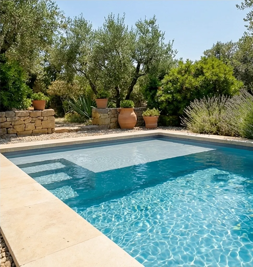 Longue piscine avec margelle et plage dans le Var