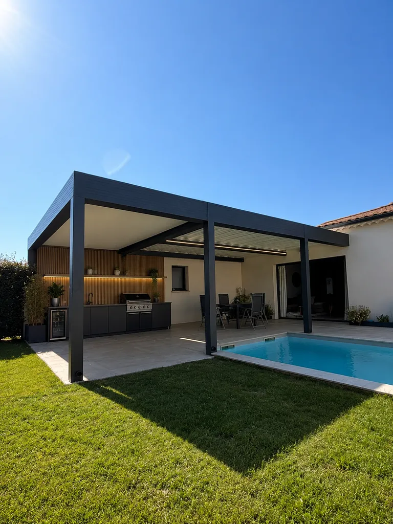 Pergola rétractable Ciel Ouv'air avec cuisine d'été près de la piscine