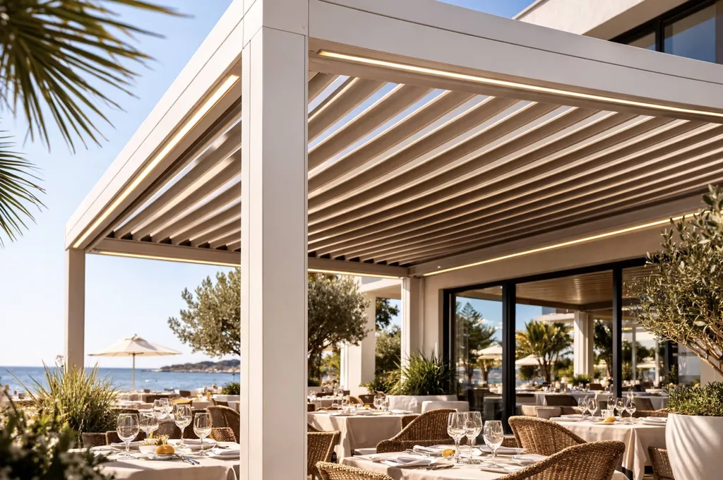 pergolas en aluminium Technal Blanc texturé pour un restaurant en bord de mer à la Ciotat 2