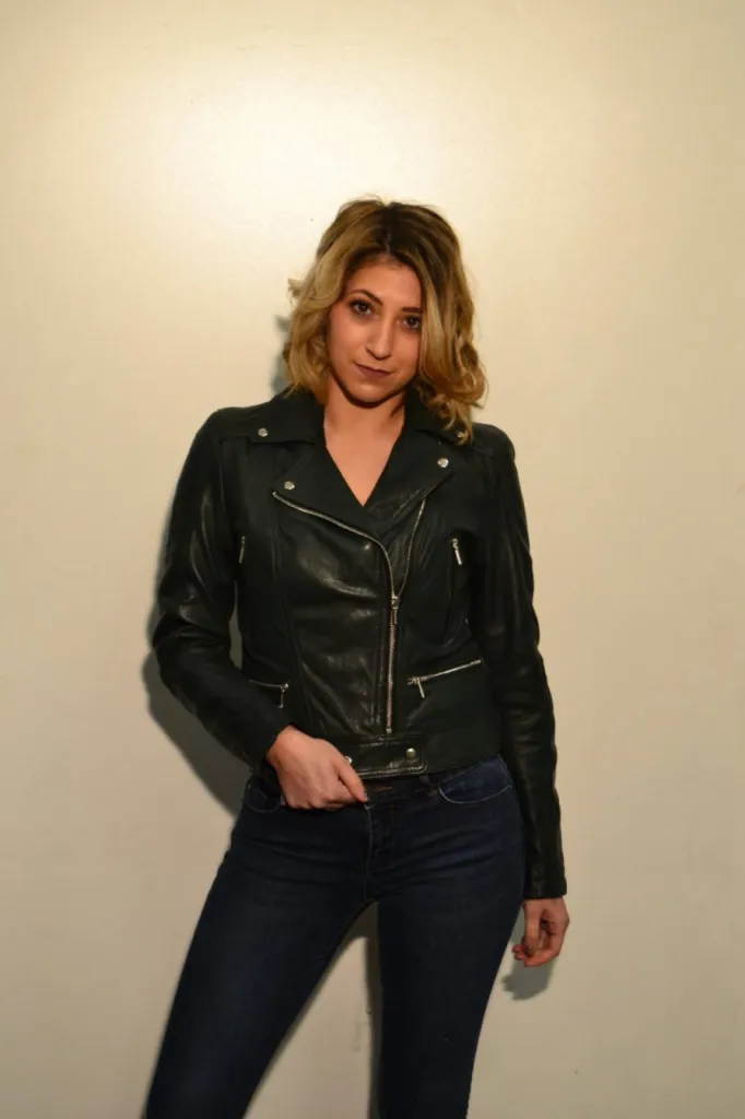 blouson perfecto cuir vert femme