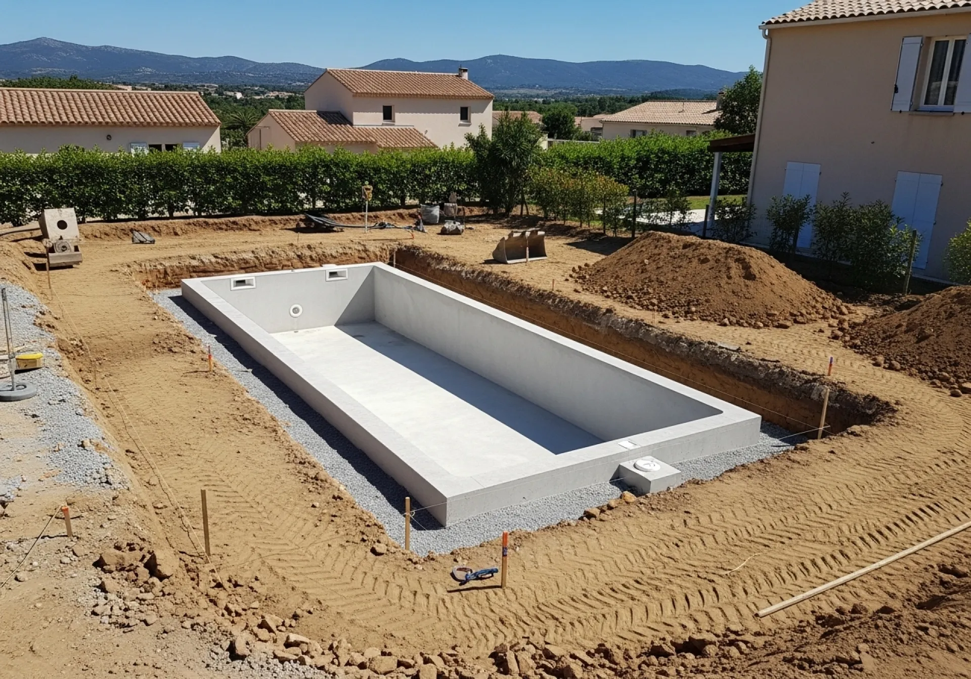 Terrassement piscine avec gestion déblais et radier béton armé sur terrain en pente à Théoule sur Mer Var 06590