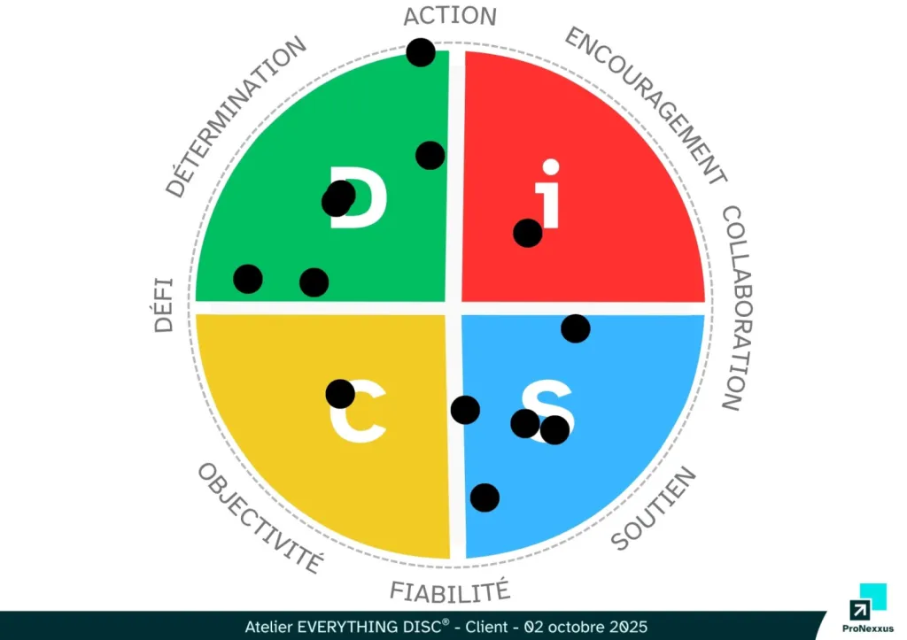 Lecture d’équipe DISC animée par Pronexxus pour dirigeants Tech – compréhension des comportements sous tension et restauration de la confiance – Courbevoie Rungis